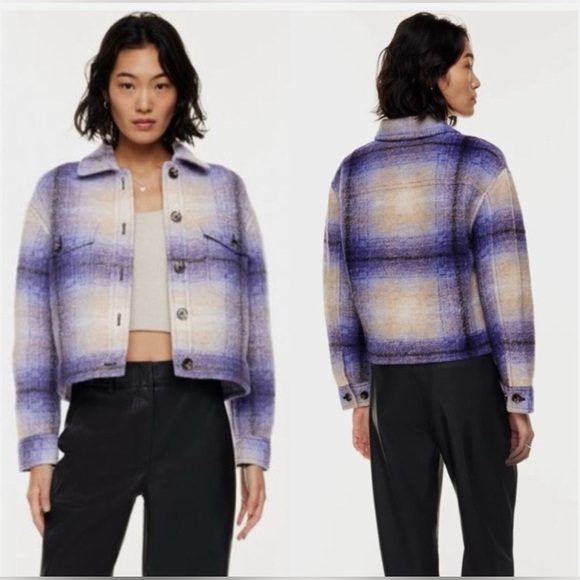 SOLD Aritzia Wilfred Free Autumn Shirt Jacket Crop Purple and Cream Plaid Sz M - Picture 3 of 9